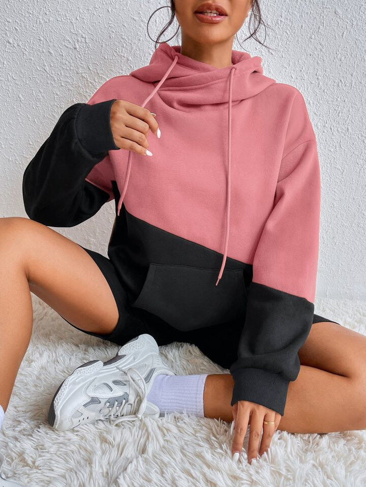 Colorblock Kangaroo Pocket Drawstring Hoodie | SHEIN