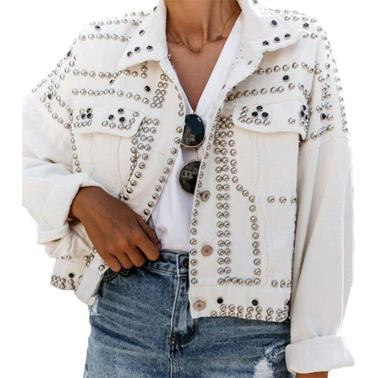 Women’s Studded Denim Jacket Distressed Oversized Long Sleeve Washed Jean Coat Out... | Walmart (US)