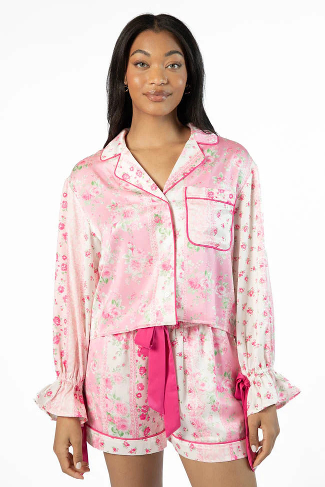 Don't Wake Me Up Pink Multi Floral Long Sleeve Satin Pajama Top | Pink Lily
