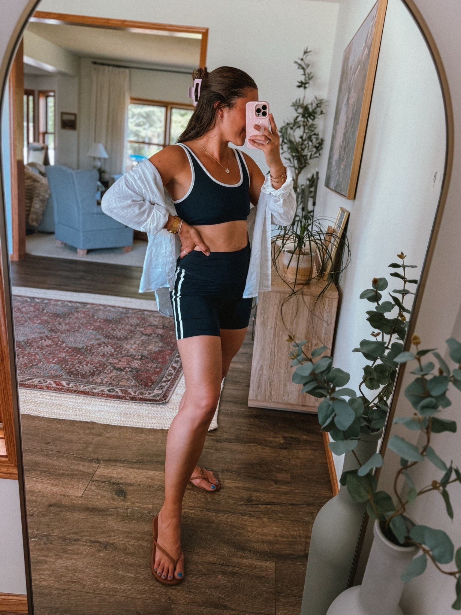 Old navy biker shorts and sports bra set is THE cutest. Also loving the linen shirt for throwing over everything. 

Summer outfit, workout set

#LTKfitnessgoals #LTKActive #LTKootd