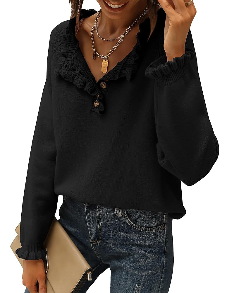 BTFBM Womens Sweaters Fall Winter Clothes 2025 Long Sleeve Button Down Ruffle Crew Neck Casual Kn... | Amazon (US)