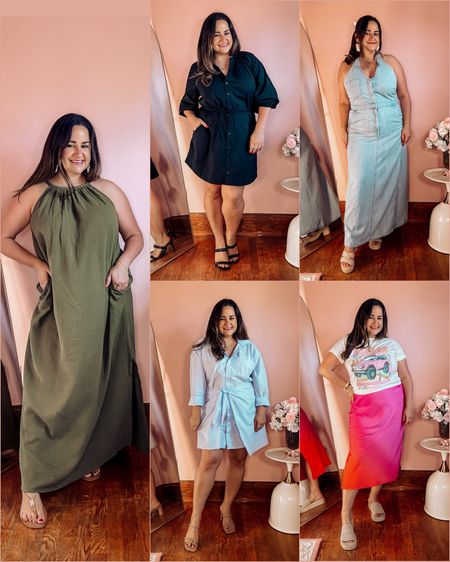Time for a target haul! 

Halter maxi dress size L (need to size down one)
Nude sandals with gold embellishment true to size

Black poplin dress with sleeves size L (true to size)

Denim maxi dress size 14 need to size up to a size 16
Paired with fun summer earrings!

Blue shirt dress size xl (could do a size large it’s tts) paired with nude heels

Hot pink satin midi skirt size xl and pink graphic tshirt size L

Summer dress
Swim coverup
Work dress
Workwear
Work outfit
Target style
Dress with sleeves
Midi dress
Denim dress
Curvy
Over 30
Midsize

#LTKWorkwear #LTKMidsize #LTKFindsUnder50