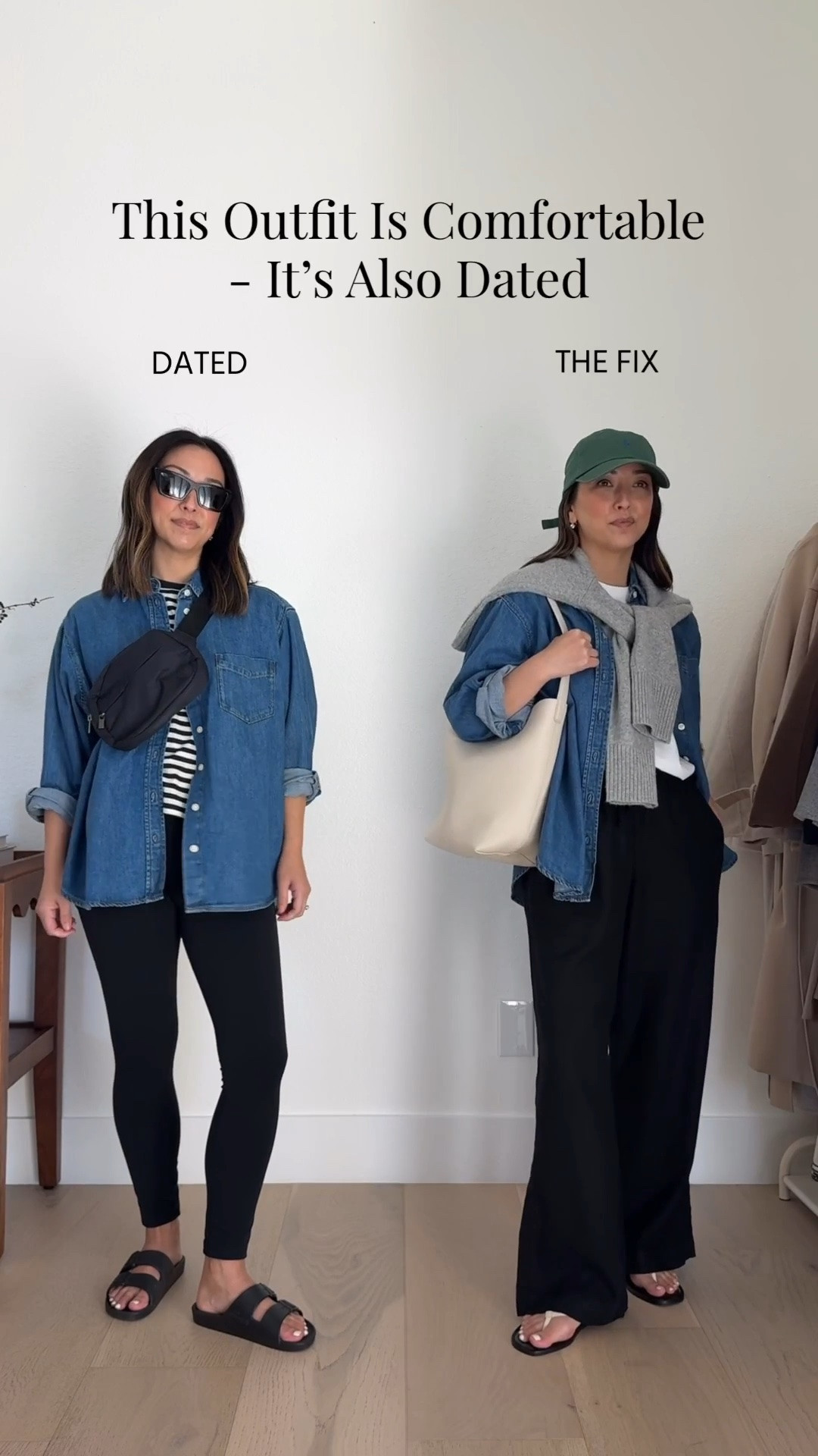 Pretend I’m your stylist, let’s fix this outfit in 60 seconds - biggest update os going from leggings to a roomier black pant option. 

Gap big shirt petite xs (old)
Madewell tee xs
Everlane seater xs
Gap Factory line oats petite xs
Everlane sandals 5
Quince bucket 
Pol Ralph Lauren hat
Electric picks earrings

petite style

#LTKootd #LTKmomlife #LTKPetite