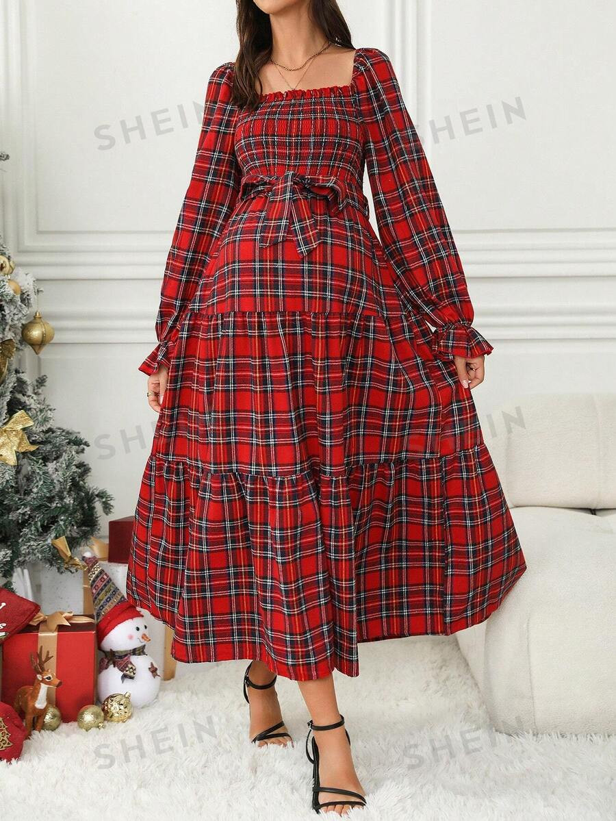 SHEIN Maternity Christmas Plaid Square Neck Flare Sleeve Shirred Bodice Ruffle Hem Dress For New ... | SHEIN