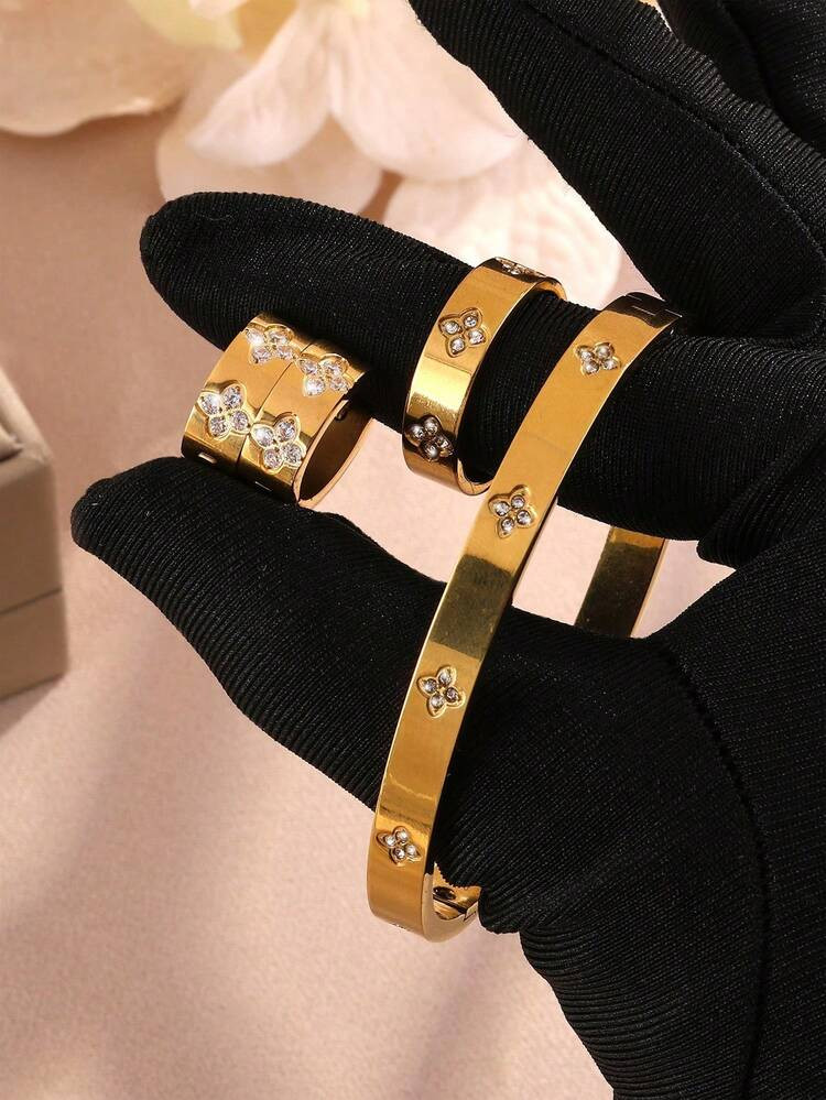 1/5pcs 18K Gold Plated Clover Earrings, Bracelet, Ring Set, Elegant Ladies Bangle Bracelet With 6mm Clasp Bracelet, Ring, Earrings Combo, Luxury Waterproof Non-Fading Jewelry Set, Suitable For Ladies Daily Wear, Gift | SHEIN