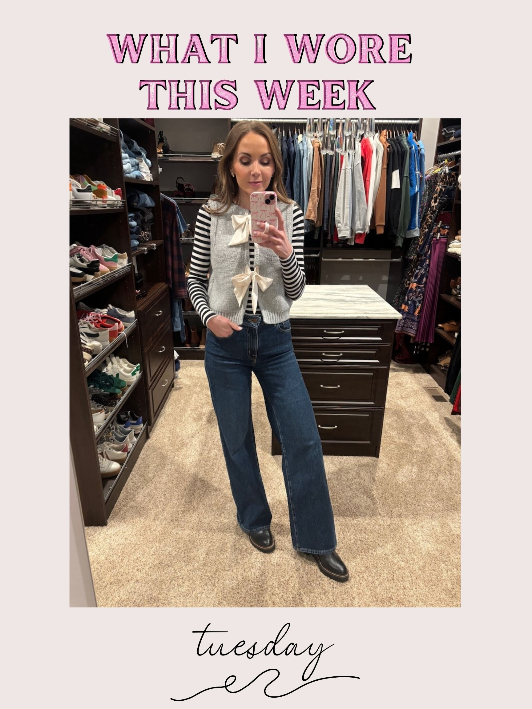 Bow vest + wide leg dark wash jeans + ankle boots 

#LTKStyleTip #LTKSeasonal