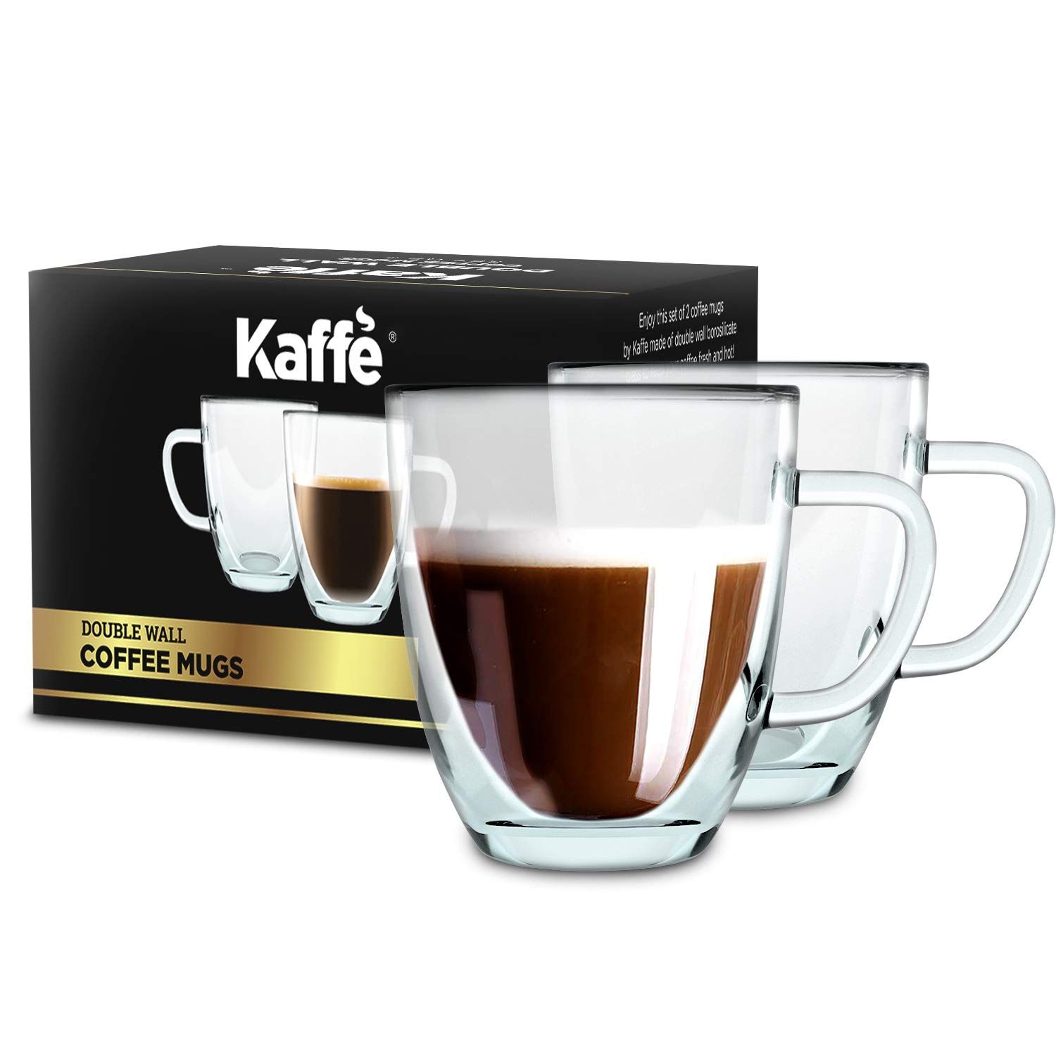 Kaffe 16oz Glass Coffee Mugs. Large Double-Wall Borosilicate Glass Coffee Cups. Perfect insulation f | Amazon (US)
