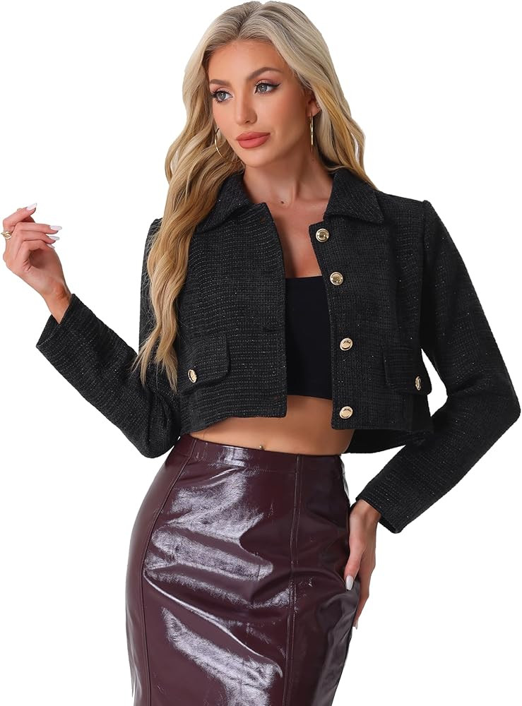Allegra K Button Blazer for Women's Short Suit Collared Crop Tweed Jacket | Amazon (US)