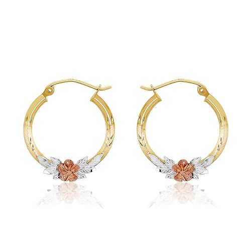 Hoberta Tricolor Rose Hoop Earrings - Real Yellow14k Gold Earring for Women Girls - Solid Jewelry... | Amazon (US)