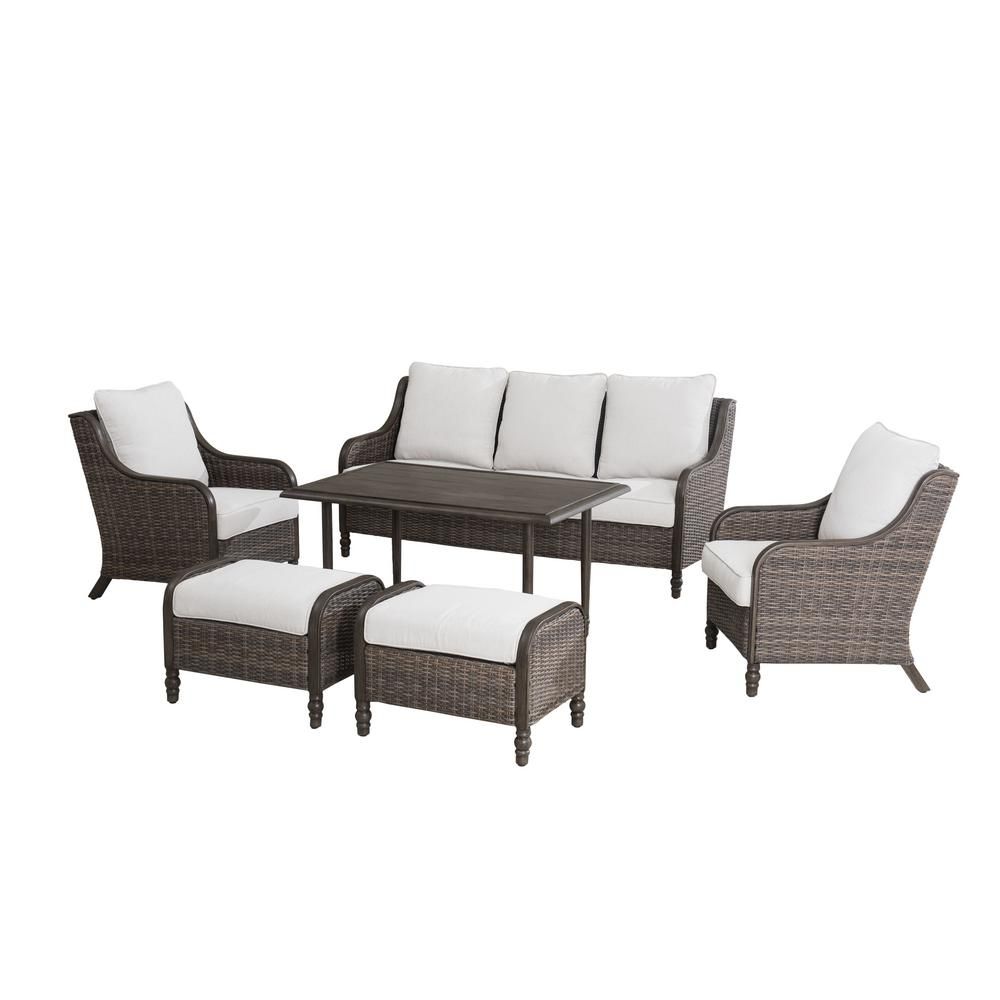 Windsor 6-Piece Wicker Patio Conversation Set with Beige Cushions | The Home Depot