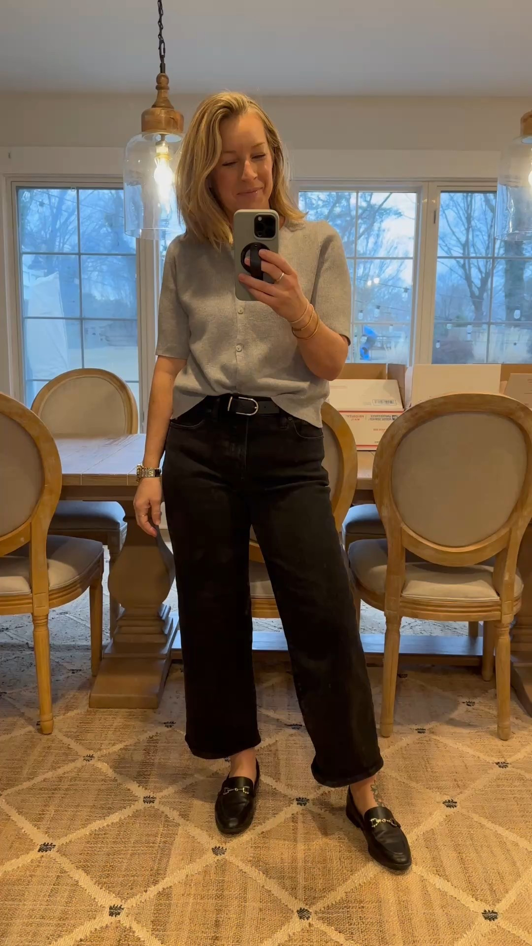 Wednesday ootd. Tts 8 petite jeans. They’re pricier but they’re stretchy yet supportive. Wash and dry well without fading. I’m in a 29P. They are comfy and look so classic. 
True to size loafers and they’re so comfy!!! Medium top! Also so soft and luxe. Classic and timeless and super inexpensive! 

#LTKStyleTip #LTKWorkwear #LTKWatchNow