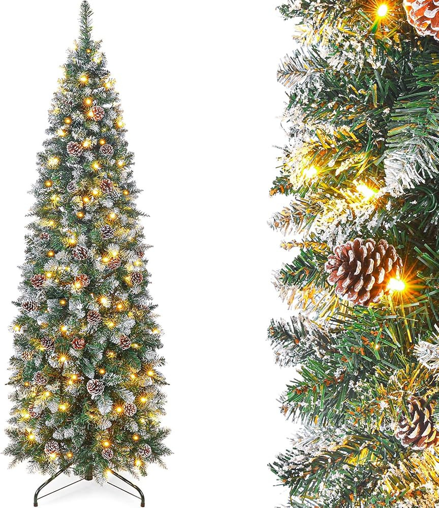 Homde Pencil Christmas Tree 7 Foot Pre-Lit Artificial Christmas Tree with Flocked Snow Pine Cone ... | Amazon (US)