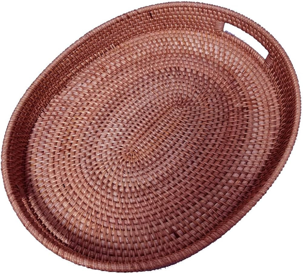 i-lan Dark Brown Oval Rattan X-Large Serving Tray for Fruit,Breakfast,Drinks,17 Inch Ottoman Wick... | Amazon (US)