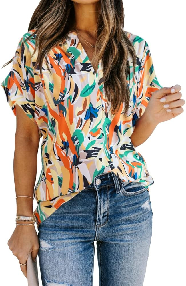 Allimy Women Summer Casual Split V Neckline Chiffon Blouses Loose Tunic Short Sleeve Tops | Amazon (US)