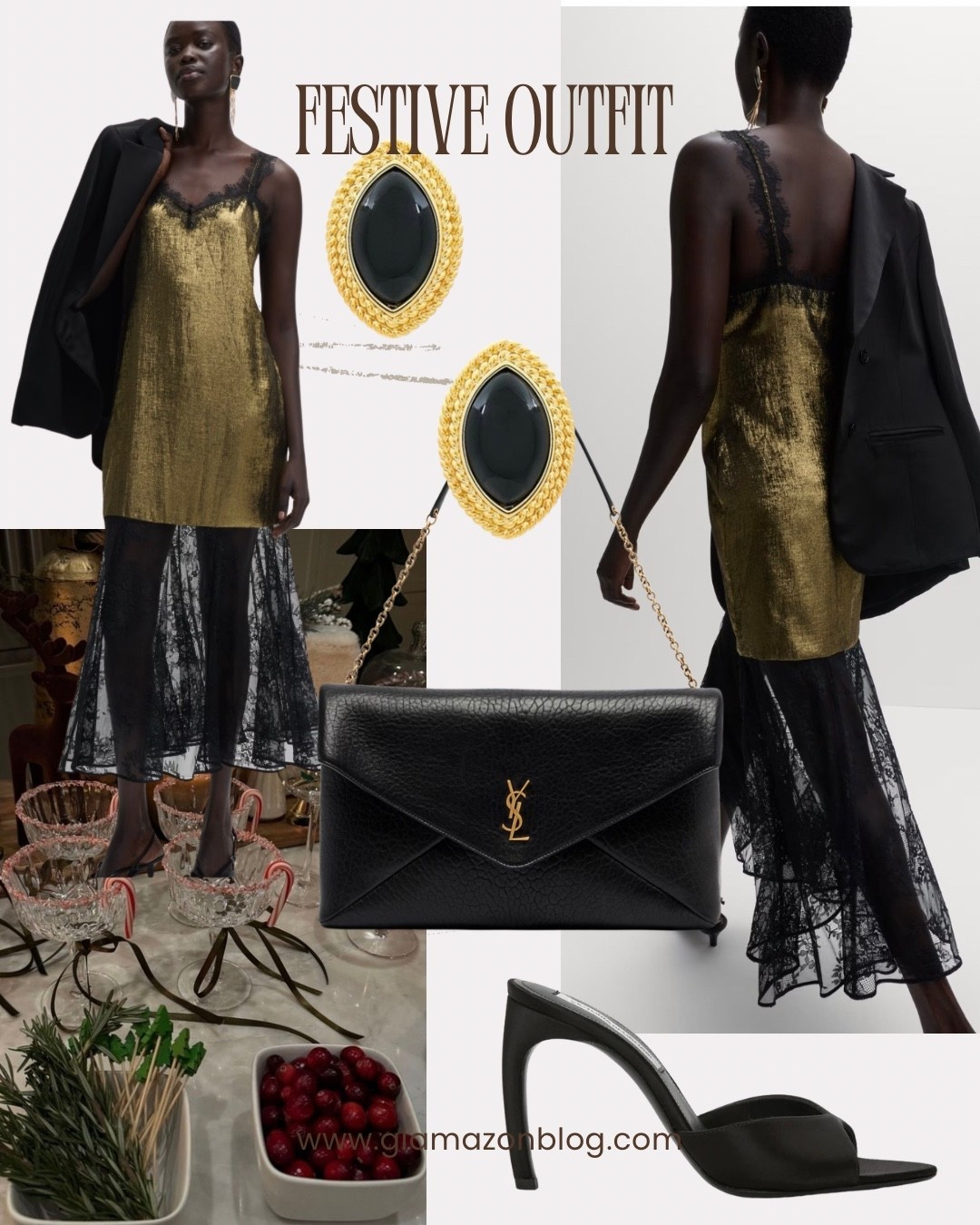 Festive dress, Christmas dress, party dress, lace dress, ysl bag, ysl clutch, black and gold earrings 

#LTKuk #LTKfestive #LTKwinter
