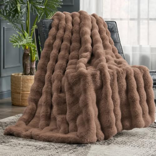 Cozy Bliss Faux Fur Throw Blanket for Couch, Fuzzy Soft Plush Thick Bubble Blanket for Sofa Bedroom Living Room, 50 * 60 Inches Light Brown | Amazon (US)