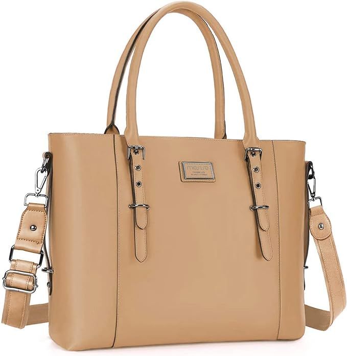 MOSISO PU Leather Laptop Tote Bag for Women (15-16 inch), Apricot | Amazon (US)