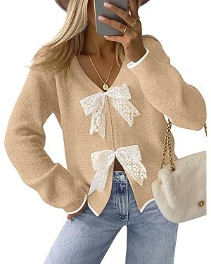 MEROKEETY Women's Tie Front Bow Cardigan Sweaters 2025 Long Sleeve Chunky Knit Cute Trendy Fall W... | Amazon (US)