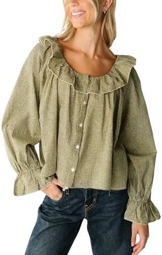 Majdan Womens Gingham Blouse Long Sleeve Shirts | Ruffle, Button Down, Plaid Shirt, Casual Fall T... | Amazon (US)