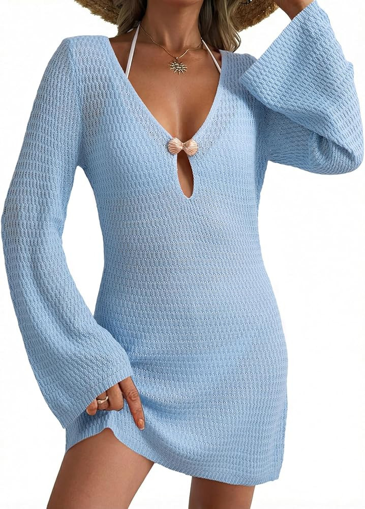 Dokotoo Beach Cover Ups for Women Sexy Deep V Neck Crochet Swimsuit Knit Hollow Out Cover Up Dres... | Amazon (US)