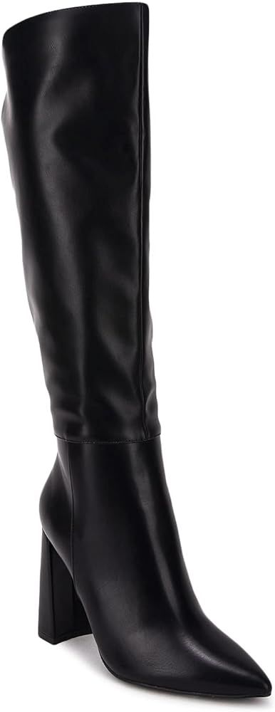 Juliet Holy Womens Pointed Toe Knee-high Boot Wide Calf Chunky Block Side Zipper Go-go Boots | Amazon (US)
