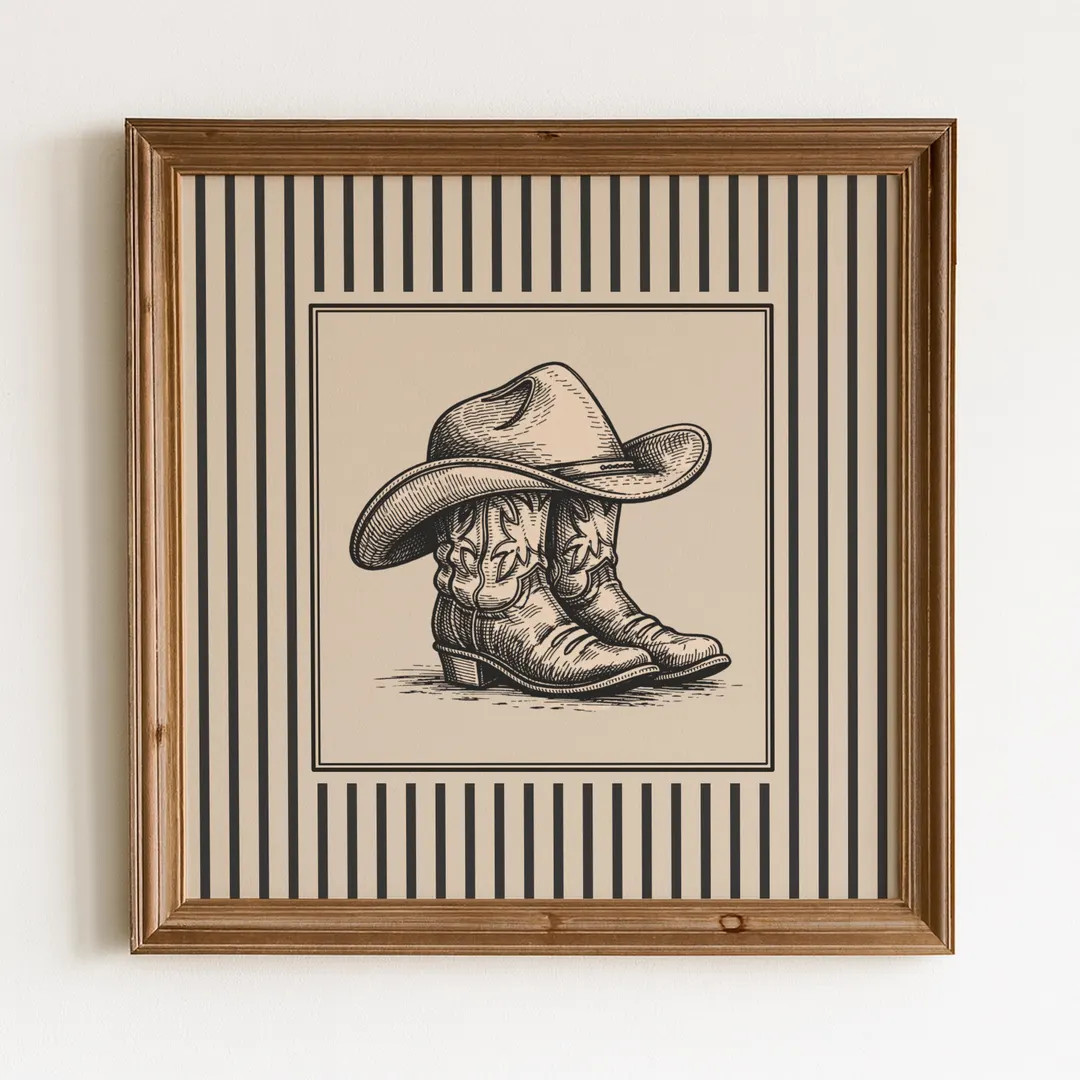 Vintage Western Cowboy Boots & Hat Illustration | Rustic Farmhouse Wall Art | Western Decor Print... | Etsy (US)