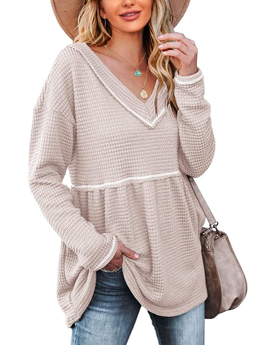 Womens V Neck Waffle Tunic Top Long Sleeve Peplum Pullover Babydoll Casual Flowy Swing Tshirts Pu... | Amazon (US)