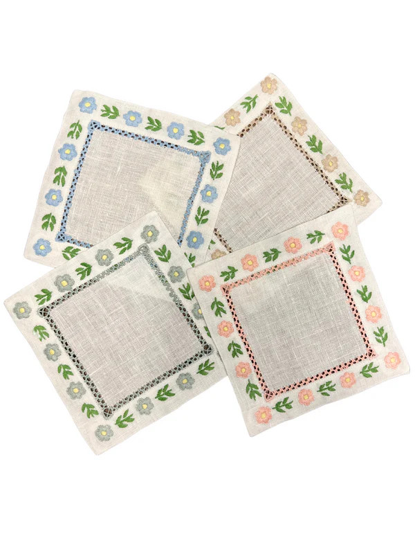 Floral Border Hemstitch cocktail napkin - set of 4 | Hibiscus Linens