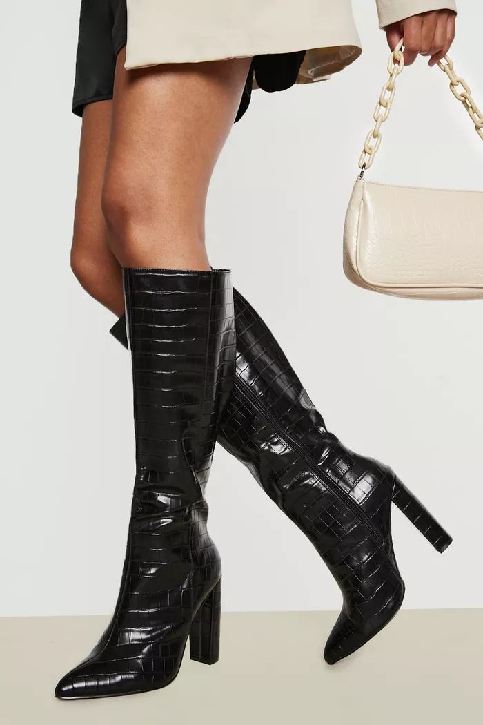 Wide Fit Pointed Knee High Heeled Boots | Boohoo.com (UK & IE)