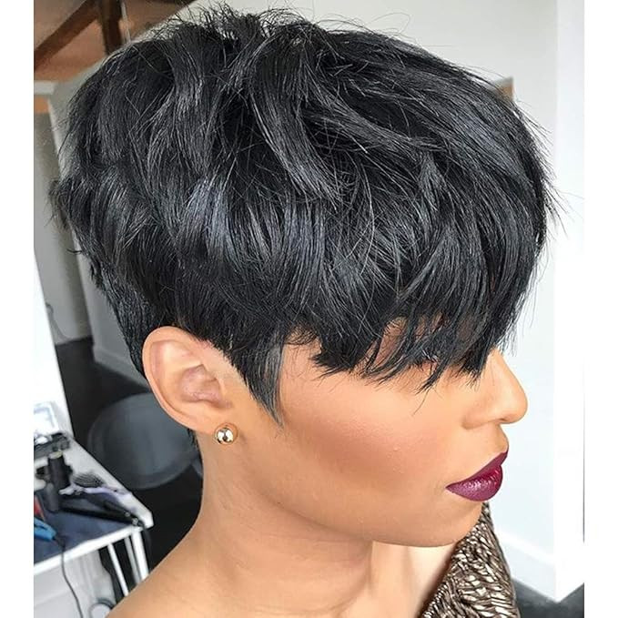 Human Hair Short Wigs Pixie Cut Wigs with Bangs Short Black Layered Wavy Wigs for Women 1B Color | Amazon (US)