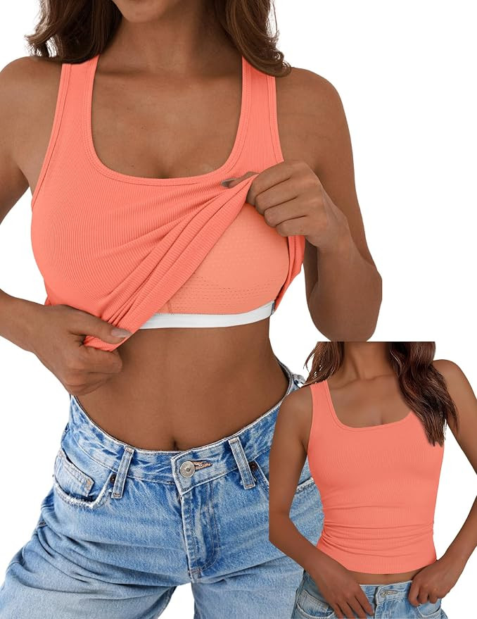 GKBK Women Built-in Bra Tank Tops Sleeveless Crewneck Rib Knit Shirts Slim Fit Basic Tee Tops XS-... | Amazon (US)