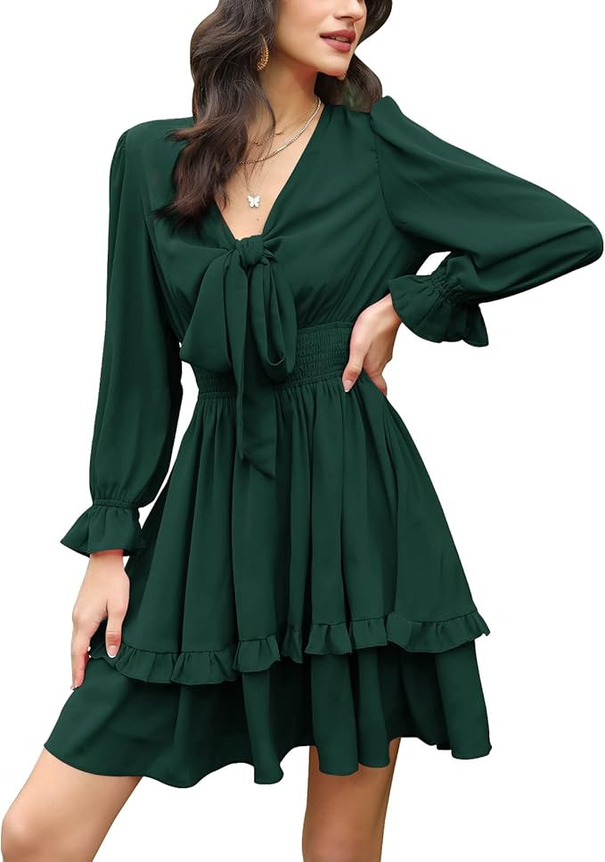 EXLURA Women Tie Front Elastic Waist Tiered Ruffle Layer Floral Balloon Long Sleeve V-Neck A-Line... | Amazon (US)