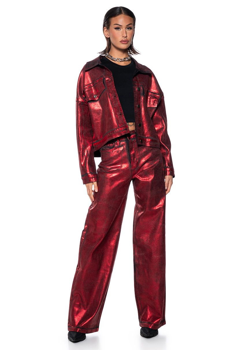 FULL RIDE METALLIC STRAIGHT LEG JEANS IN RED | AKIRA