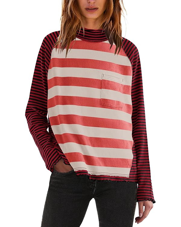 Panadila Womens Long Sleeve Striped Shirts Turtleneck Raglan Shirt Cute Color Block Tunic Tops Lo... | Amazon (US)