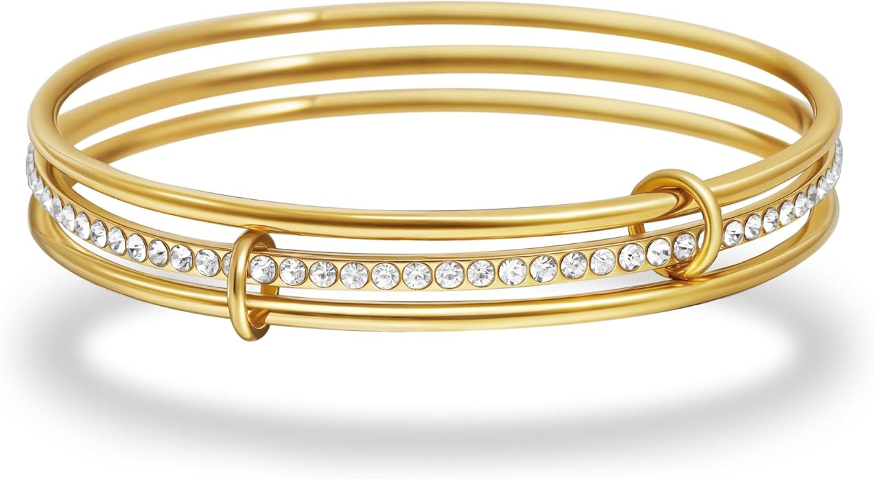 Stackable Bangle Bracelets for Women 18K Gold Plated Stainless Steel Non Tarnish Bangles 8 inch B... | Amazon (US)