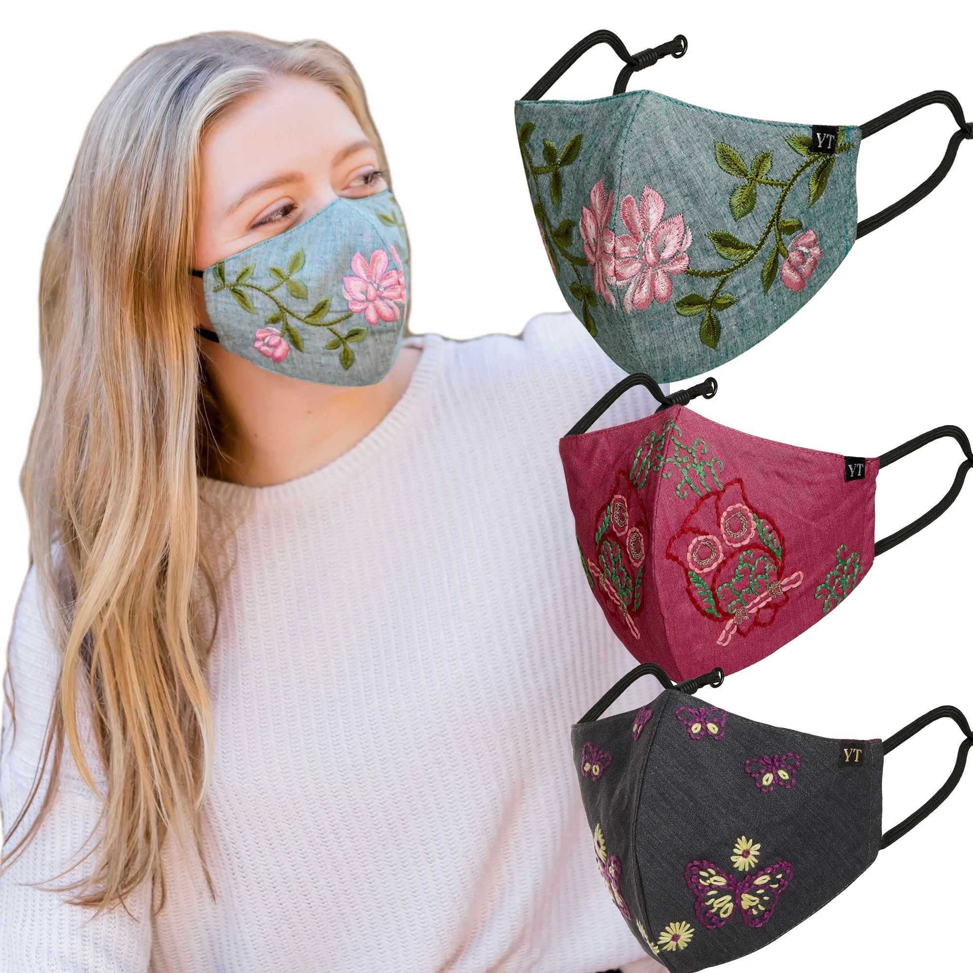 Fancy Women Mask Pack of 3 Floral Embroidered Masks Handcrafted Cotton Lining 3Layered with Nose ... | Walmart (US)