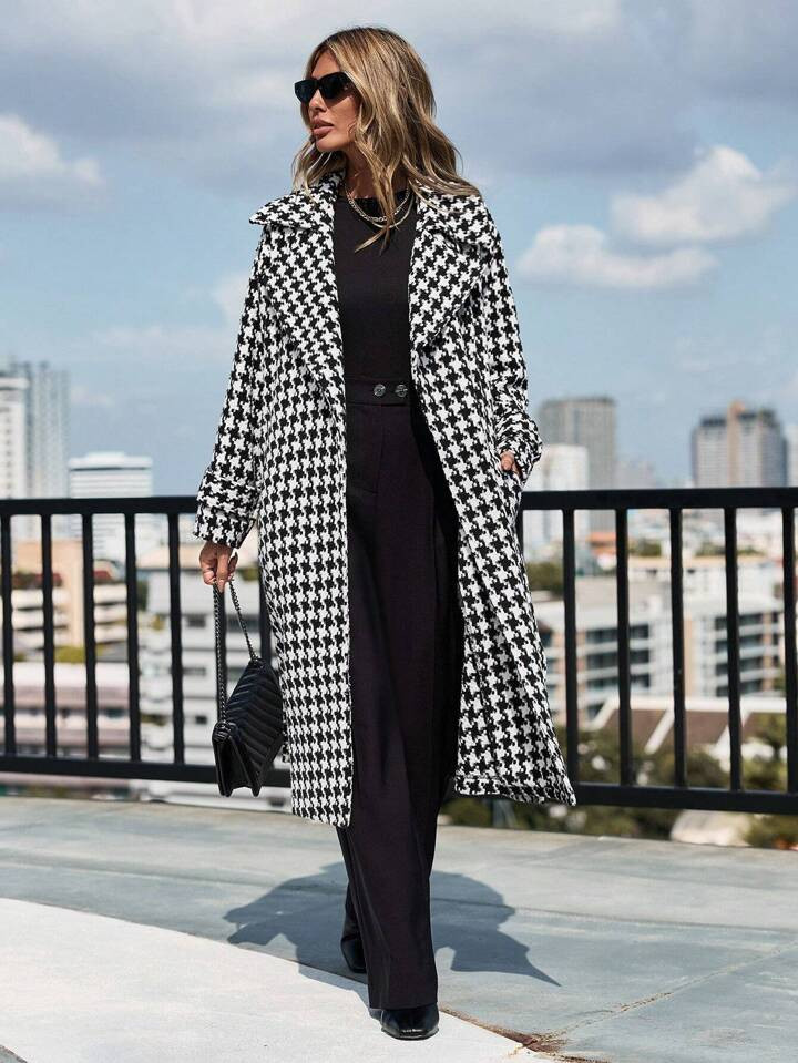 Cottnline Houndstooth Print Belted Overcoat | SHEIN