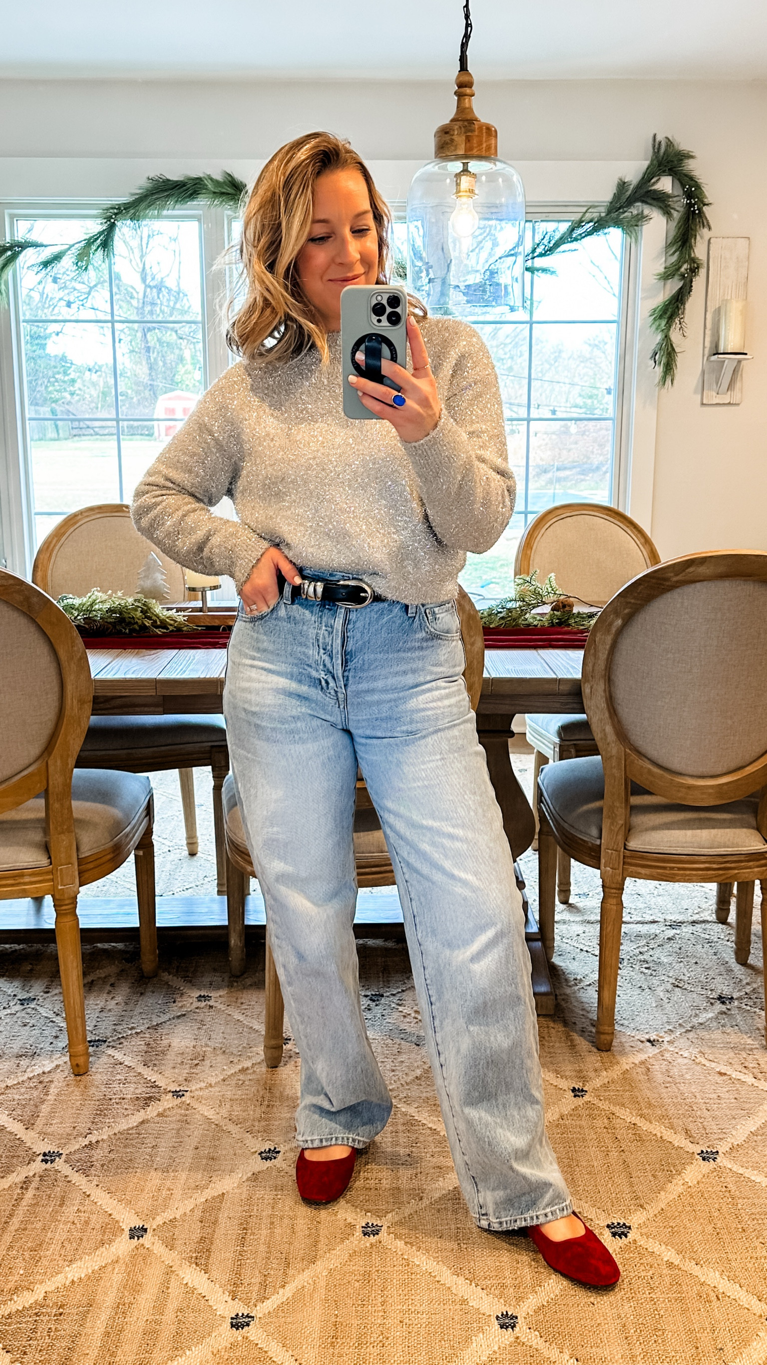 A wintery outfit! Small sweater. I sized down 2 in the jeans to a 27, but after washing AND drying them, they were definitely tighter and a 28 would’ve been better. Maybe they’ll be my motivation to lose a few in my thighs! True to size 8 flats. Medium belt but a small would be been better  

#LTKParties #LTKFindsUnder100 #LTKStyleTip