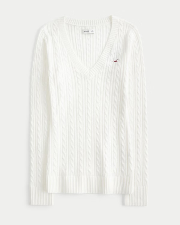 Cable-Knit Icon V-Neck Sweater | Hollister (US)