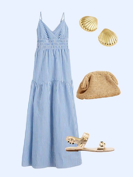 Blue and white striped midi summer dress, shell sandals, raffia clutch, shell earrings 

#LTKxMadewell #LTKSaleAlert #LTKStyleTip