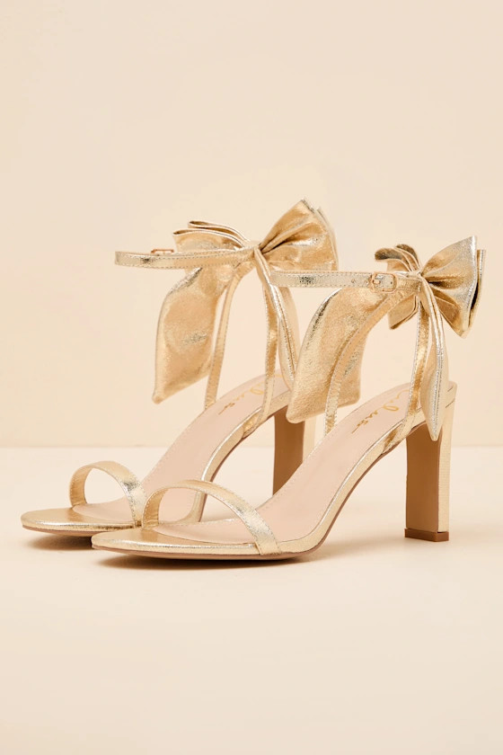 Allianna Gold Crinkle Bow High Heel Ankle Strap Sandals | Lulus