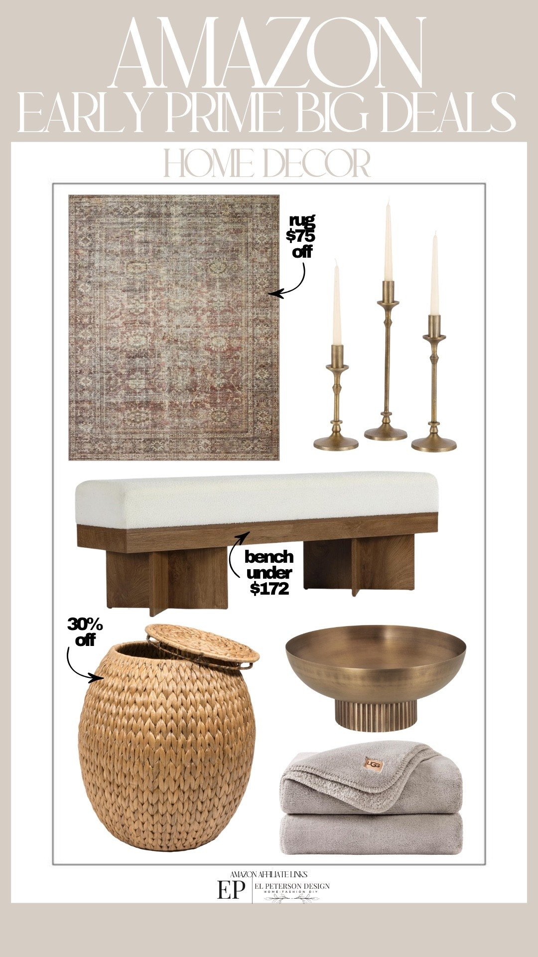 Amazon 
Early Prime Big Deals 
Home Decor
Rug
Candle holder
Bowl
Blanket
Bench
Wicker basket

#LTKHome #LTKSaleAlert