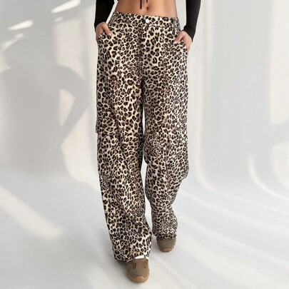Women's Casual Leopard Print Pocket Design Low Waist Long Casual Pants Leopard Pants Cheetah Bottoms Baggy Pants | SHEIN