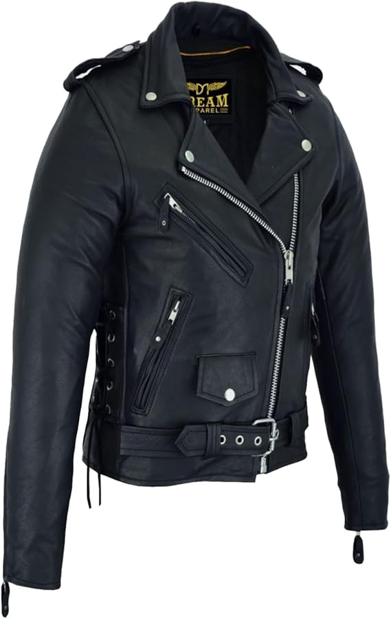 GARGOYLE BELLS Womens Motorcycle Jacket Classic Cowhide Leather Jacket with Lace Sided Leather Bi... | Amazon (US)