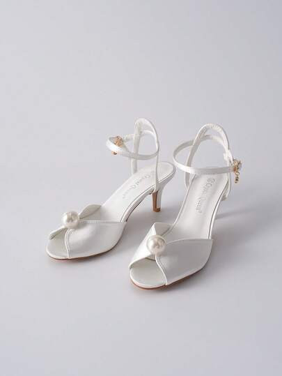 Women's 6cm White Wedding Pearl Peep-Toe Hollow High Heels Sandals, Medium Heel, Large Size Elega... | SHEIN