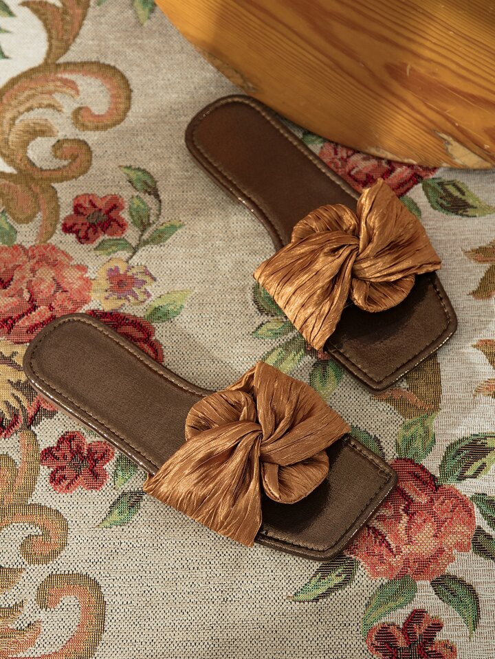 Women's Flat Slide Sandals, Brown Slip-On Flat Sandals, Fashion Comfortable Flat Sandals, Bow Tie Strap Casual Elegant Simple Flat Sandals Valentines | SHEIN