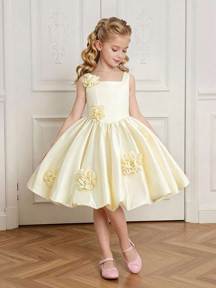 Young Girls' Solid Color Square Neck 3D Floral Satin Elegant Tulle Princess Dress, Suitable For S... | SHEIN