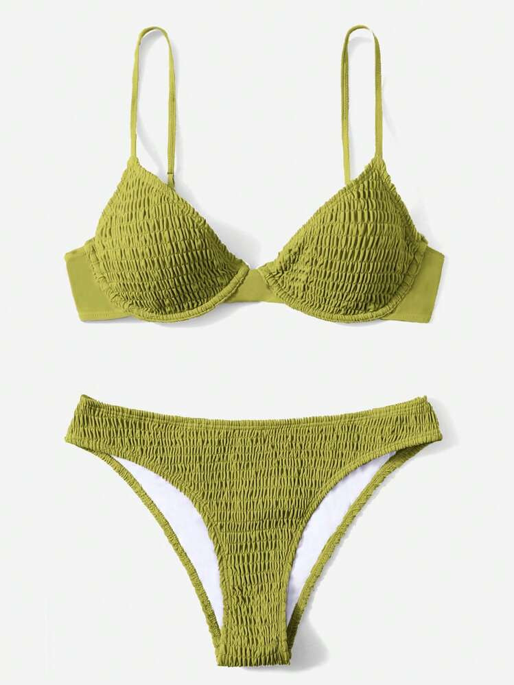 Swim Mod Summer Beach Smocked Underwire Bikini Set | SHEIN