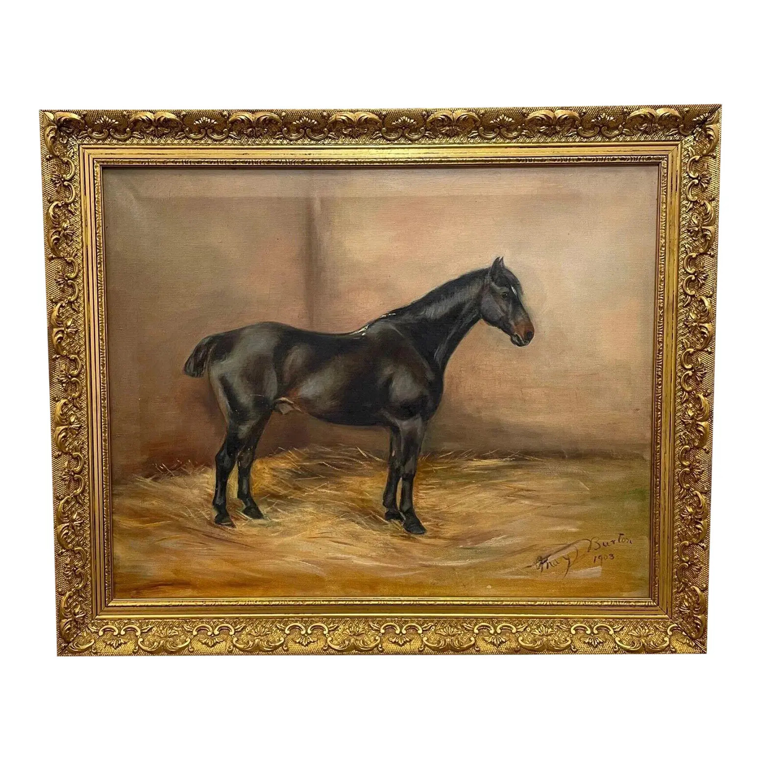 Antique Oil Painting of Black Bay Hunter Horse Stable by Alice Mary Burton Rba 1893-1968 | Chairish