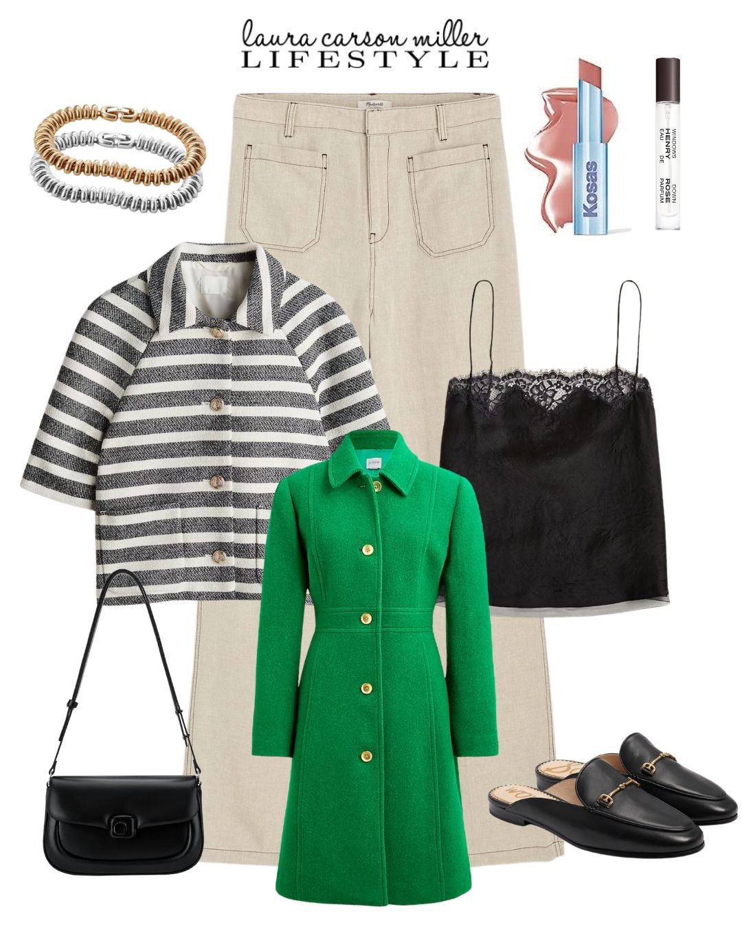Layer up for early spring temps. 
Laura Carson Miller, lady coat, mules, black bag, striped jacket, spring style, outfit ideas, vacation outfit, office outfit, client meeting, coffee date, brunch date, fragrance, pink lipstick 